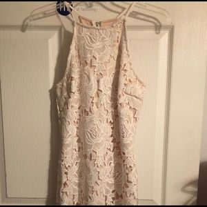 Flutter Boutique White + Nude Lace Midi Dress